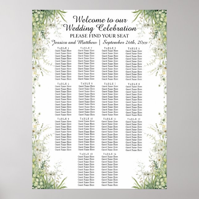 Poster Dusty Sage Green Wedding 14 Mesas Seating (Frente)