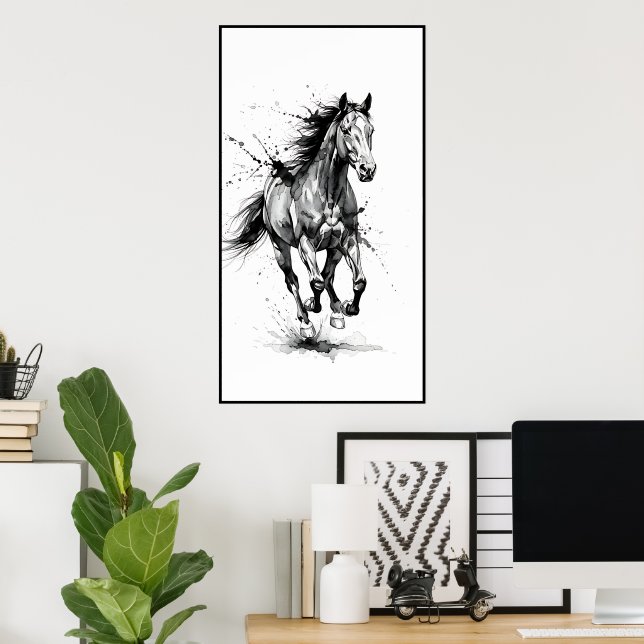 Poster Dynamic Black and White Horse (Escritório em casa)