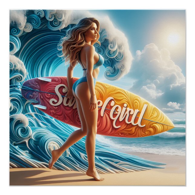 Pôster Dynamic Surfer Girl Walking Beach Waves Art (Frente)