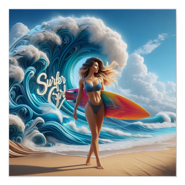 Pôster Dynamic Surfer Girl Walking Beach Waves Art (Frente)