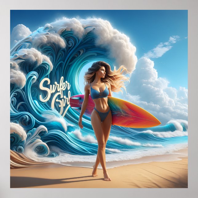 Poster Dynamic Surfer Girl Walking Beach Waves Art (Frente)