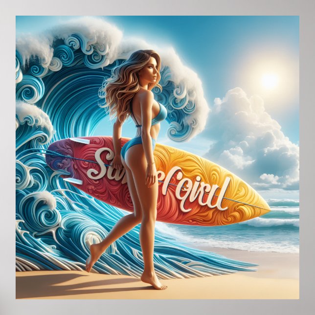 Poster Dynamic Surfer Girl Walking Beach Waves Art (Frente)