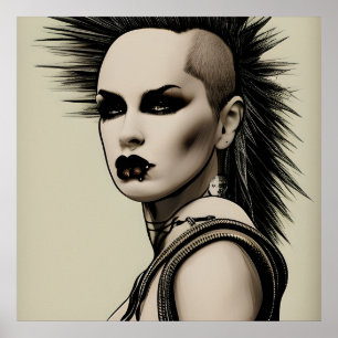 Poster Dystopian Mulher Punk Rocker Mohawk e Piercings