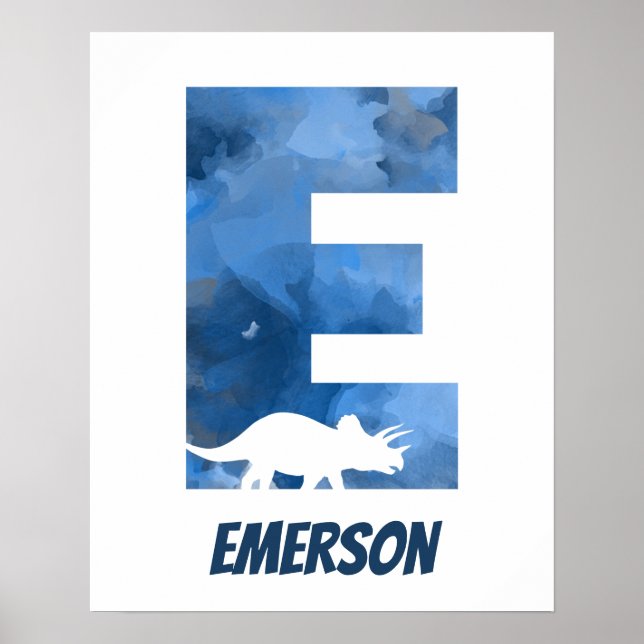 Poster "E" Dinossauro Aquarela Azul Nome da Criança Poste (Frente)