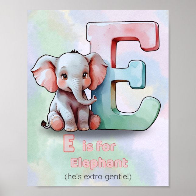Poster E é para o Elefante - Alfabeto Cute Animal Nursery (Frente)