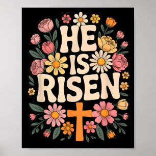 Poster É Ele Ressuscitado Cruz Floral Cristã