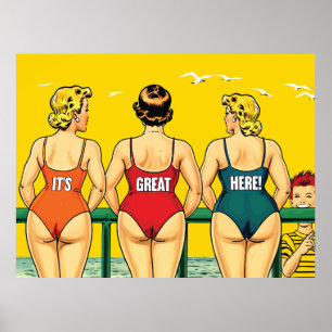 Poster É Excelente Aqui, Bonito Mulheres em uma Praia, En