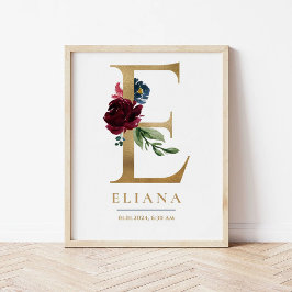 Poster E - Letra Monograma Nome Marsala Floral Nursery