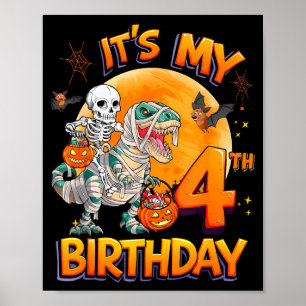 Poster É Meu 4º Aniversário Esqueleto de Dinossauro Múmia