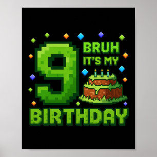 Poster É Meu 9º Aniversário Menino Gamer Pixel 9 Anos de 