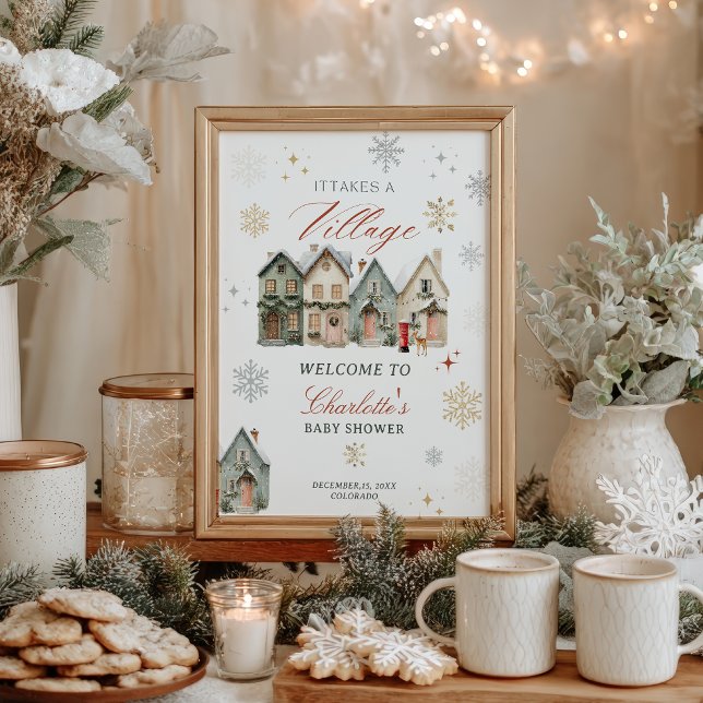 Poster é Natal no Vilarejo Chuveiro de Bebê de Inverno (it takes a Village Christmas Winter Baby Shower Poster)