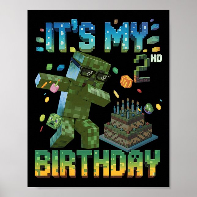 Poster É o meu presente de 2º aniversário Gamer Pixel Men (Frente)
