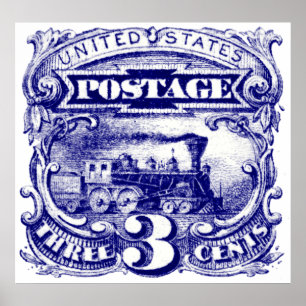 Pôster E.U. selo postal locomotivo de 3 centavos de 1869