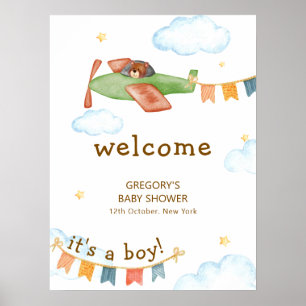 Poster É um Bem-vindo ao Chá de Bebê Menino Urso Avião Cé