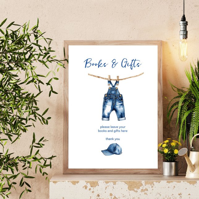 Poster É um garoto jeans azuis chá de fraldas dote mesa s (It's a boy blue jeans baby shower books and gifts table sign poster template digital download)