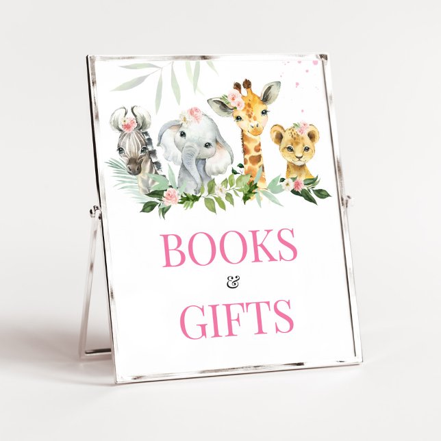 Poster É um livro de animais Safari para garotas (Pink Floral Jungle Safari Baby Shower Books and Gifts Sign)