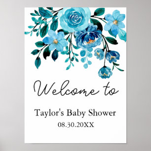 Poster É um Menino Azul Floral Aquarela Chá de Bebê