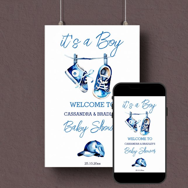 Poster É um sinal de boas-vindas de calçados de bebê azul (It's a boy baby shower welcome sign template poster instant download blue baby sneakers shoes hangin)