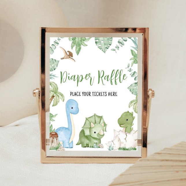 Poster É uma Fralda do Dinossauro, Raffle. (Greenery Boy Dinosaur Baby Shower Diaper Raffle Sign)