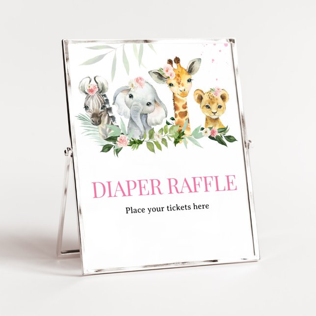 Poster É uma garota Safari Fralda Raffle (Pink Floral Jungle Safari Baby Shower Diaper Raffle Sign
)