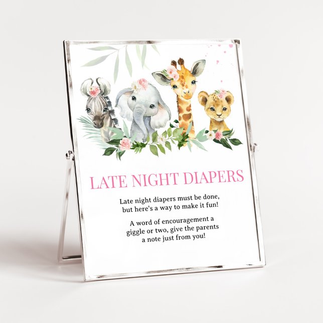 Poster É uma garota Safari Fraldas noturnas (Pink Floral Jungle Safari Baby Shower Late Night Diapers Sign)