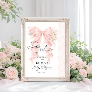 Poster É uma Menina Fita Rosa Chamada de Chá de Bebê Boas