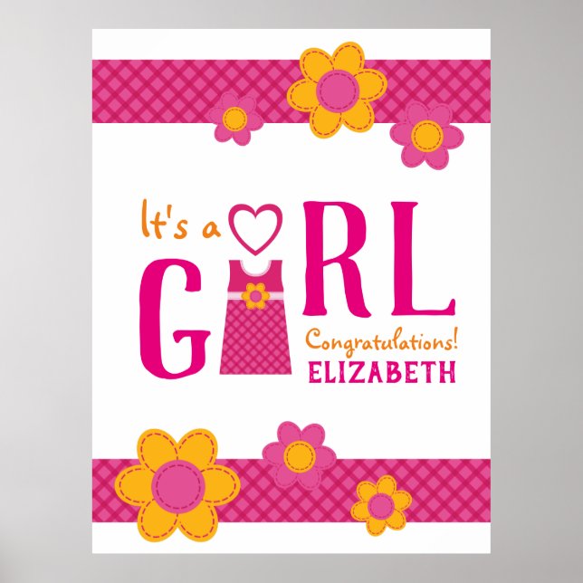 Poster É uma menina parabéns nome flores fofas (Frente)