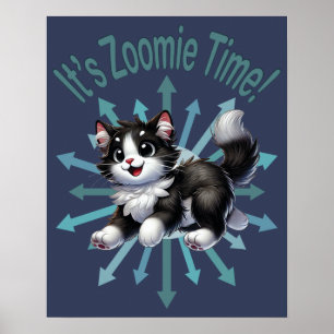 Poster É Zoomie Time White Black & White Cat