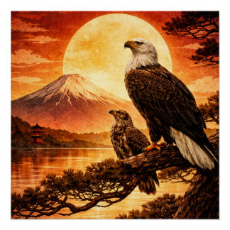 Pôster Eagle Japanese Landscape pastor