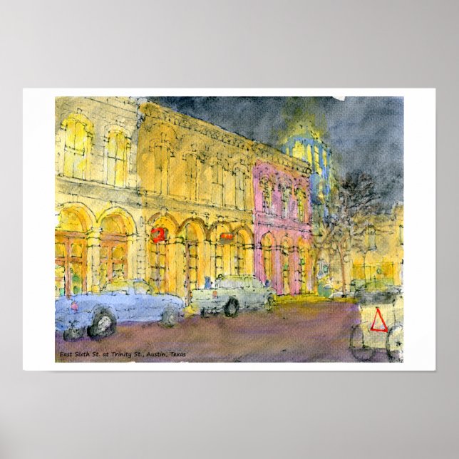 Pôster East Sexta Street na Trinity Street, Austin, Texas (Frente)