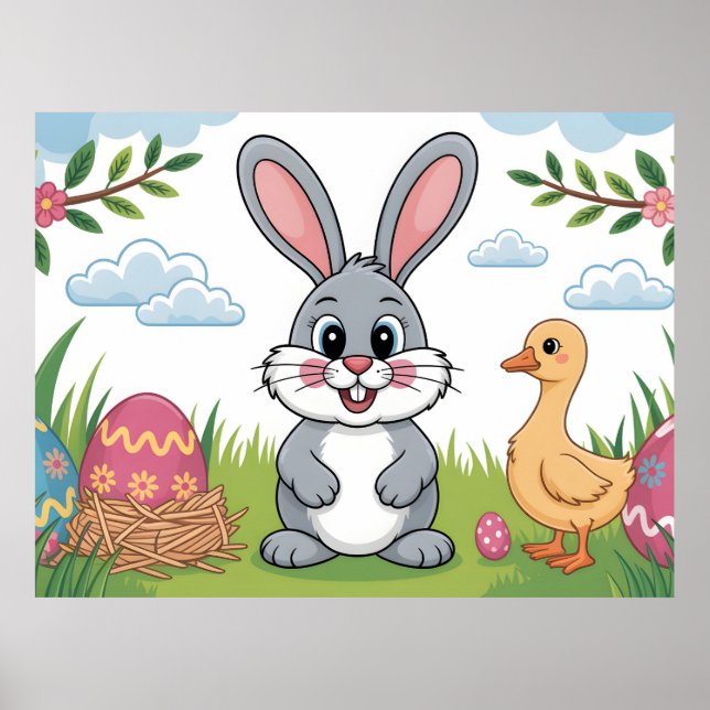 Poster Easter Bunny and Duckling in Spring Meadow (Frente)