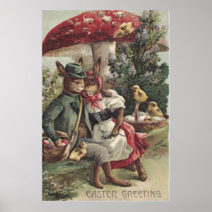 Poster Easter Chick Bunny Couple Colored Egg Mushroom