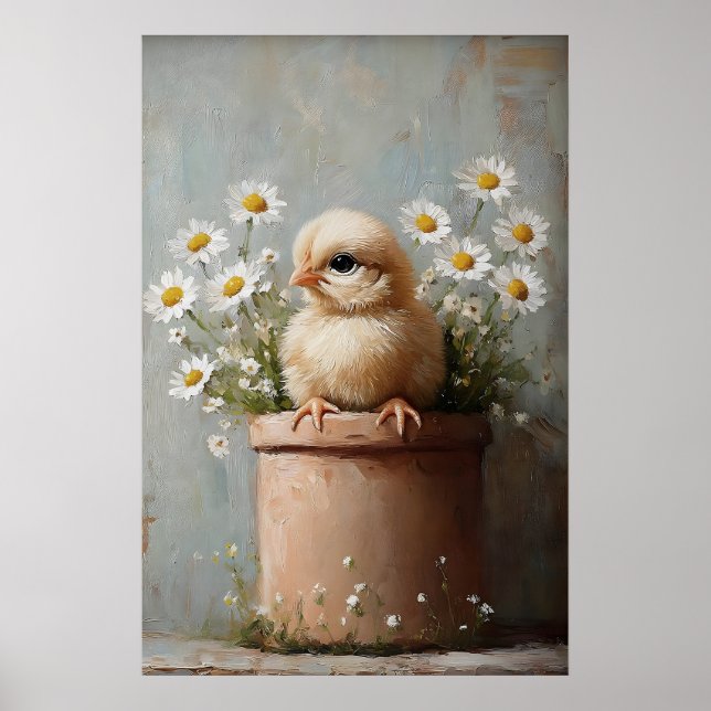 Poster Easter Chicken Flower Pot Print, Rustic (Frente)