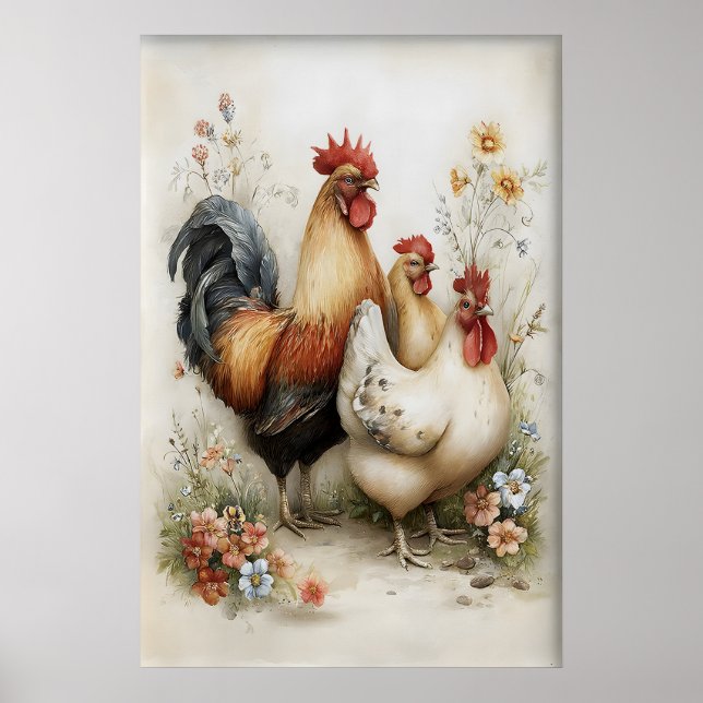 Poster Easter Chicken Rooster Flowers Printable, Vintage (Frente)