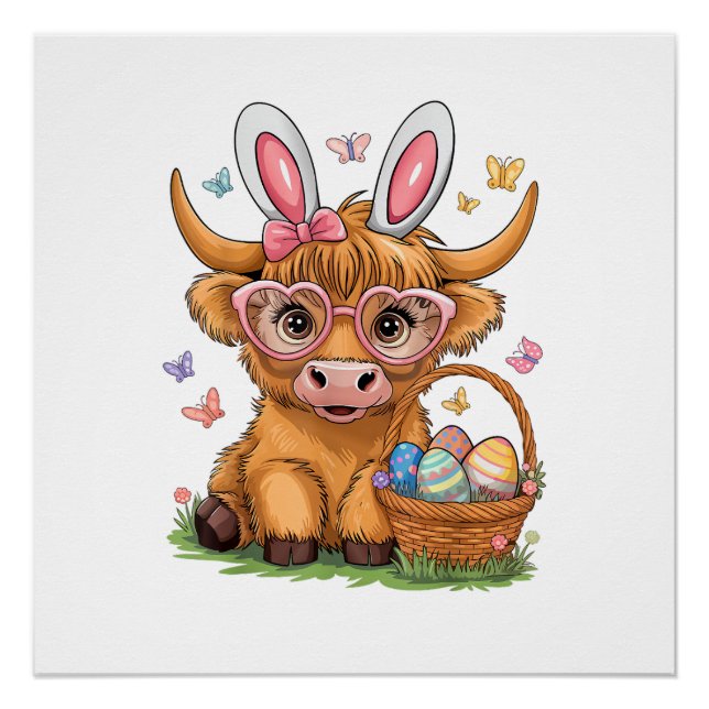 Pôster Easter Day Highland Cow Cute Easter Bunny Farmer W (Frente)