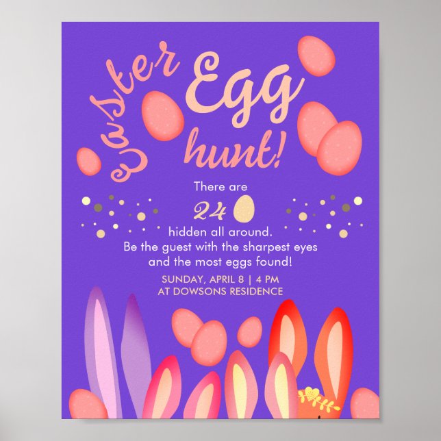 Poster Easter Egg Hunt With Bunnies On Purple Party Poste (Frente)