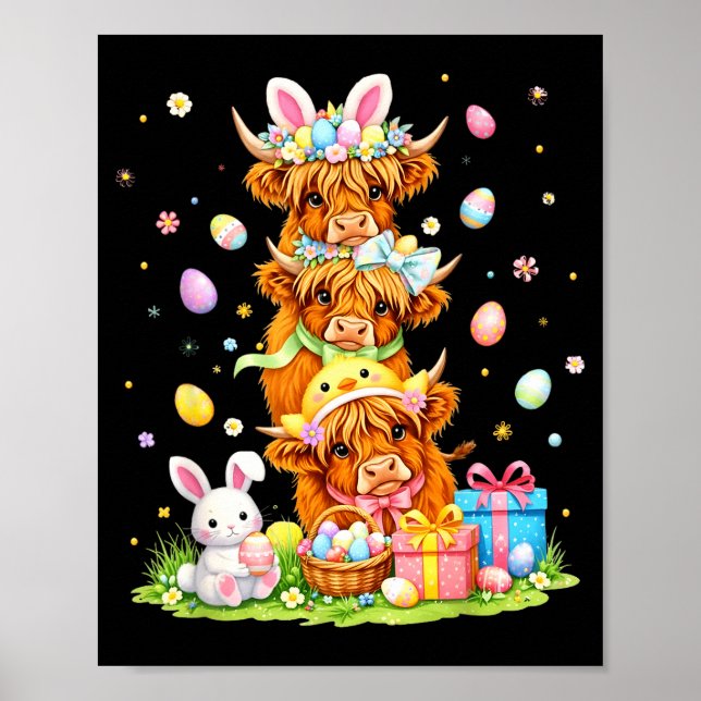 Poster Easter highland cows coquette bow bunny eggs easte (Frente)