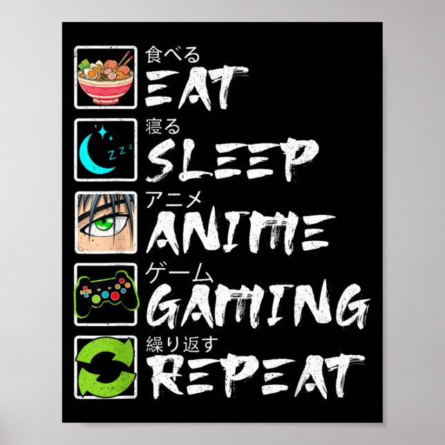Poster Eat Sleep Anime Gaming Repeat Gamer Men Teen Boy A (Frente)