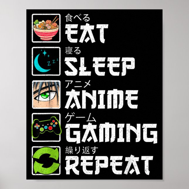 Poster Eat Sleep Anime Gaming Repeat Gamer Men Teen Boy A (Frente)