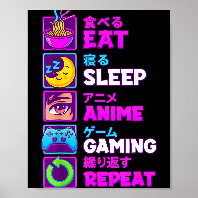 Poster Eat Sleep Anime Gaming Repeat Kawaii Otaku Anime M (Frente)