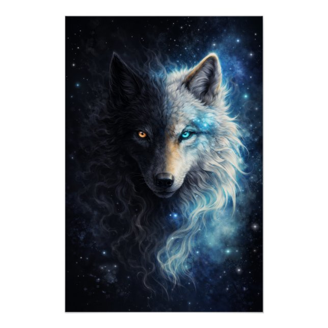Pôster Echo of Duality – Cosmic Twin Wolf | Dark & Light  (Frente)