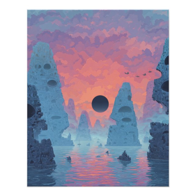 Pôster Eclipse Índigo Sobre Paisagem de Sonhos Neon (Frente)