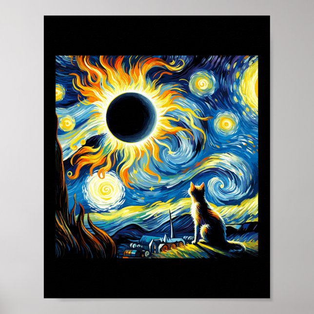 Poster Eclipse Solar Total 2024 Van Gogh Starry Night Cat (Frente)
