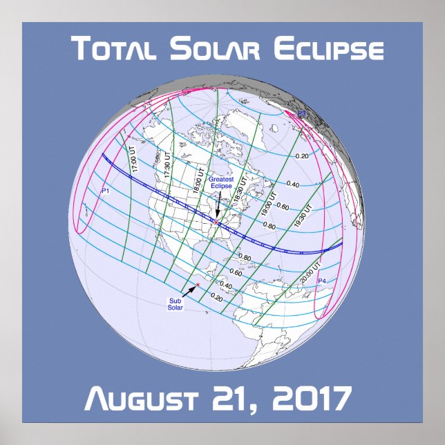 Pôster Eclipse Total do Sol 2017 Caminho Global (Frente)