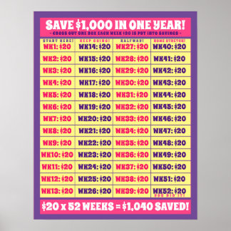 Poster Economize US$ 1.000 em um ano! Objetivos de Dinhei