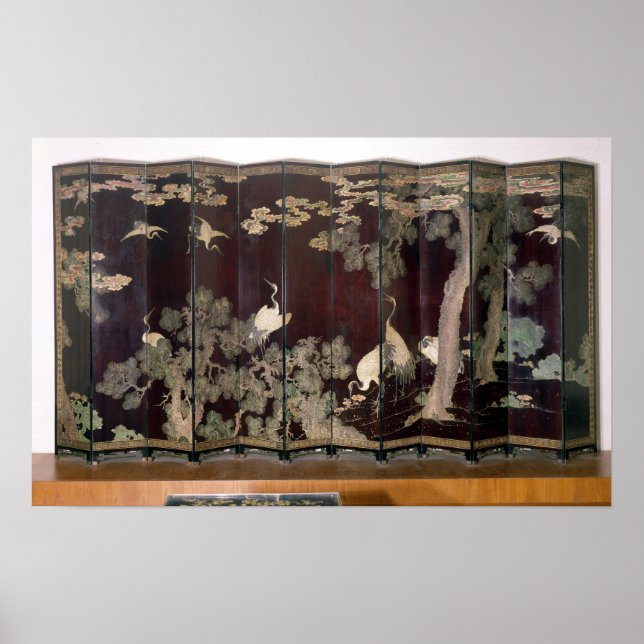 Poster Ecrã de coromandel que representa gruas (Frente)