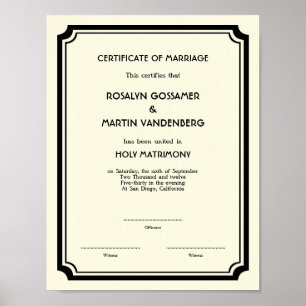 Pôster Ecru preto do certificado do casamento da
