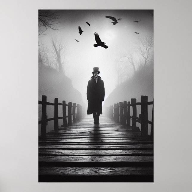 Poster Edgar Allan Poe Bridge Ravens Foggy Spooky (Frente)