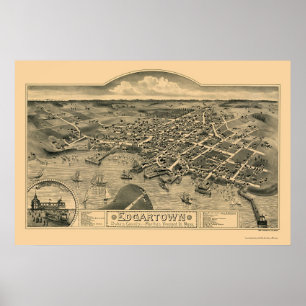 Pôster Edgartown, mapa panorâmico das MÃES - 1886
