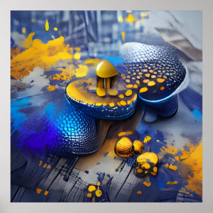Poster Edgy Modern Blue Yellow Metallic Mushroom Pop Art